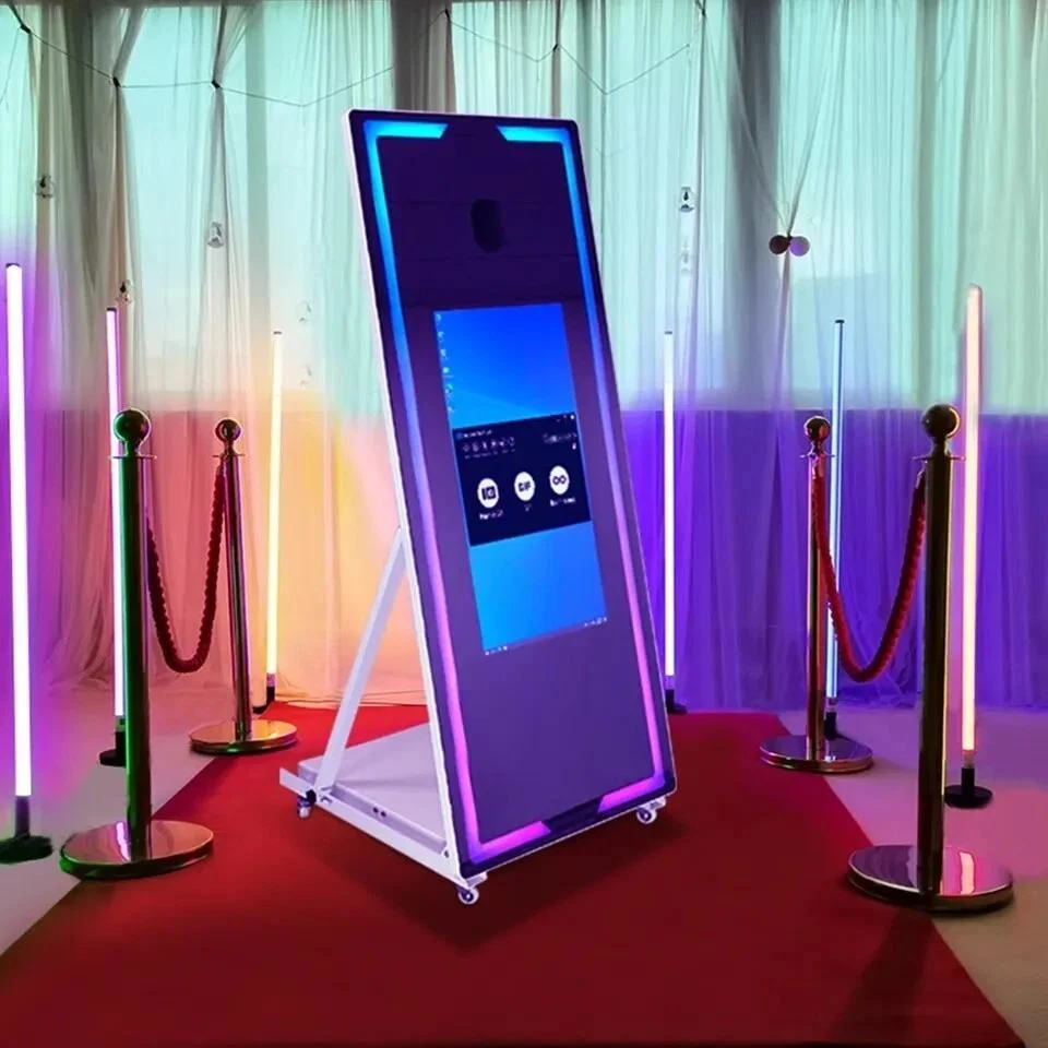 Modern mirror photo booth with touch screen interface and DSLR camera system